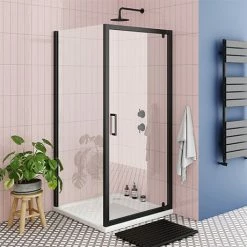 Toreno Matt Black 800 X 800mm Pivot Door Shower Enclosure + Pearlstone Tray